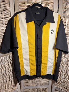 Steady Short Sleeve Stripe Bowling Shirt - Mustard & Black - size Large